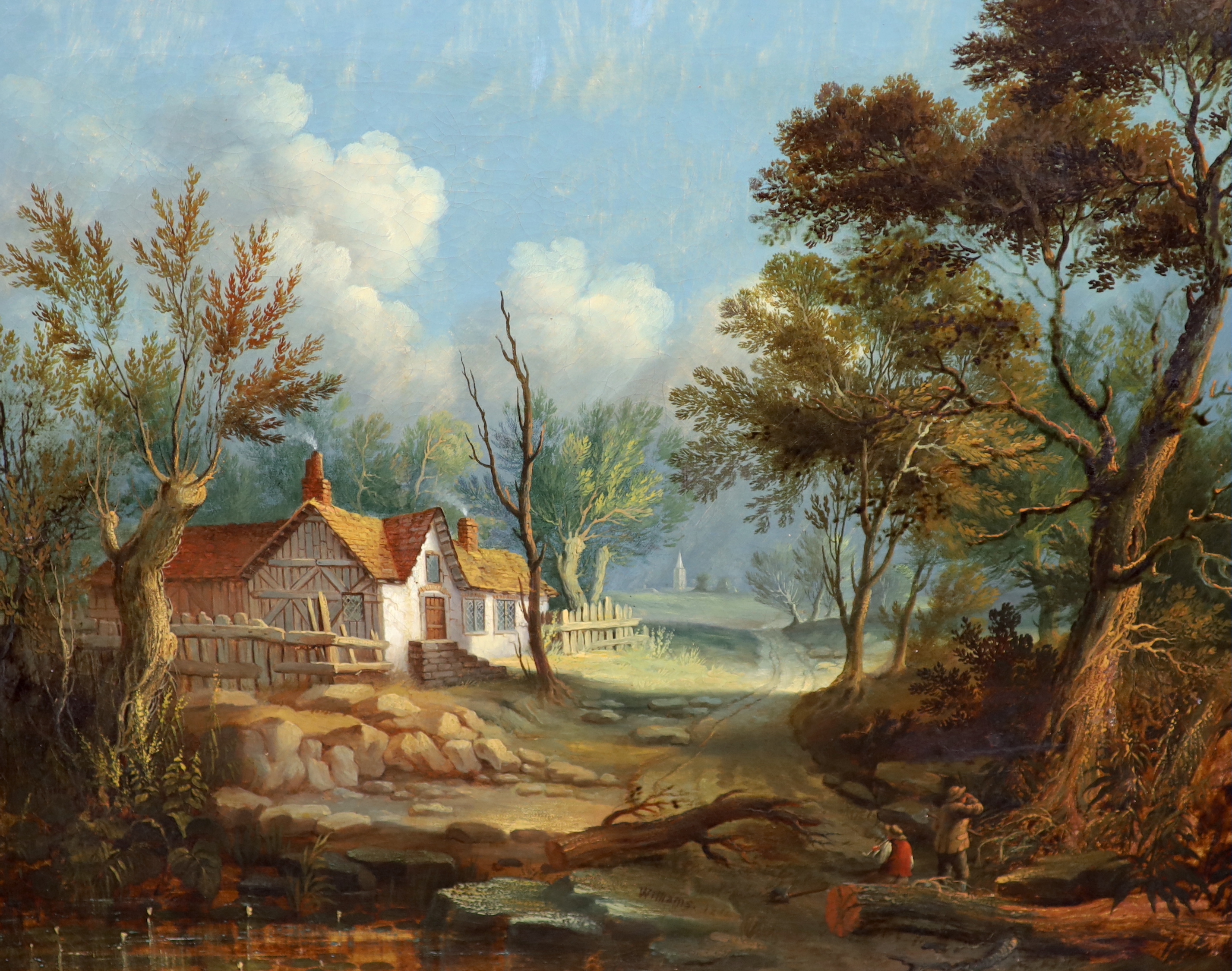 Williams (18th / 19th. C), oil on canvas, Rural landscape with woodlanders, signed and dated 1814, housed in a veneered and ebonised frame, 49 x 59cm